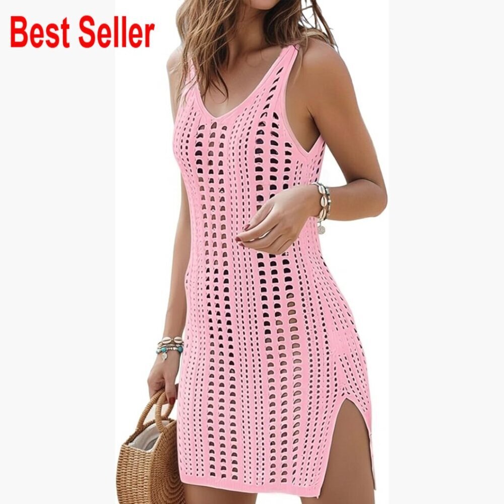 Crochet Hollow Out Swimsuit Coverup Deep V Neck Sleeveless